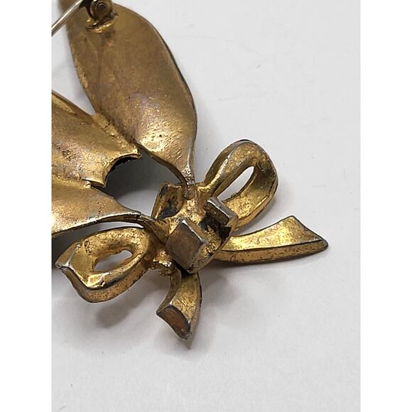 Vintage green enamel leaf brooch gold tone bow rhinestones mid-century jewelry - Picture 7 of 8